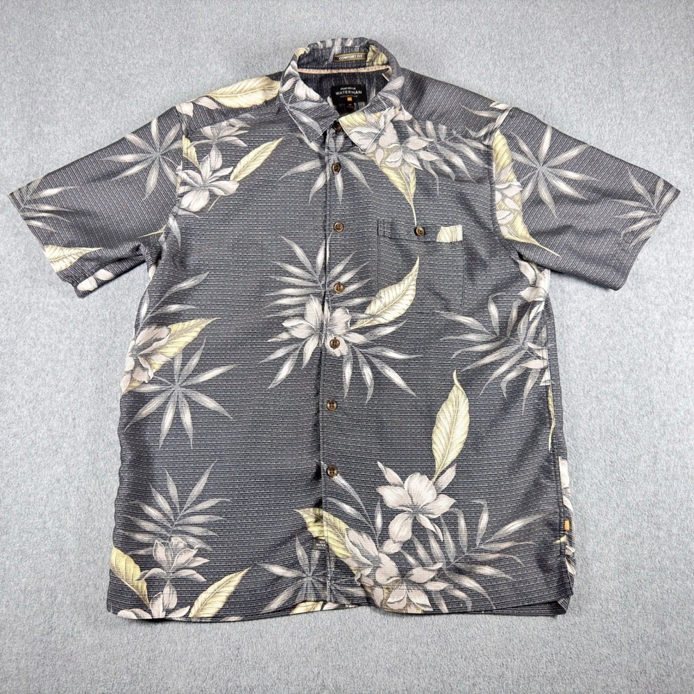 Quiksilver Waterman Collection Shirt Mens M Gray Comfort Short Sleeve Hawaiian
